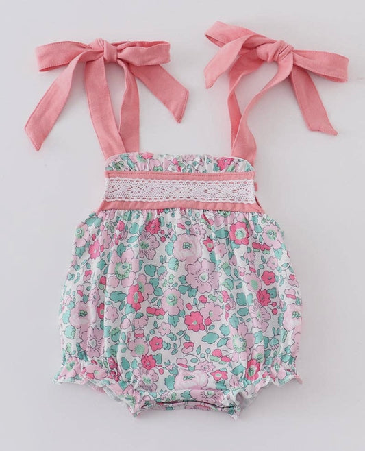 Pink Floral Print Girl Bubble Romper