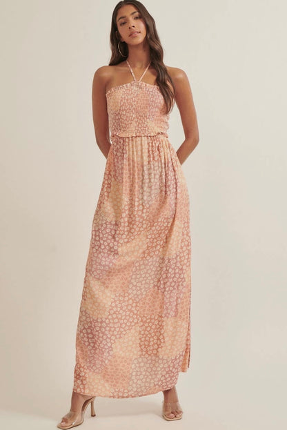 Floral Halter Strap Smock Maxi Dress