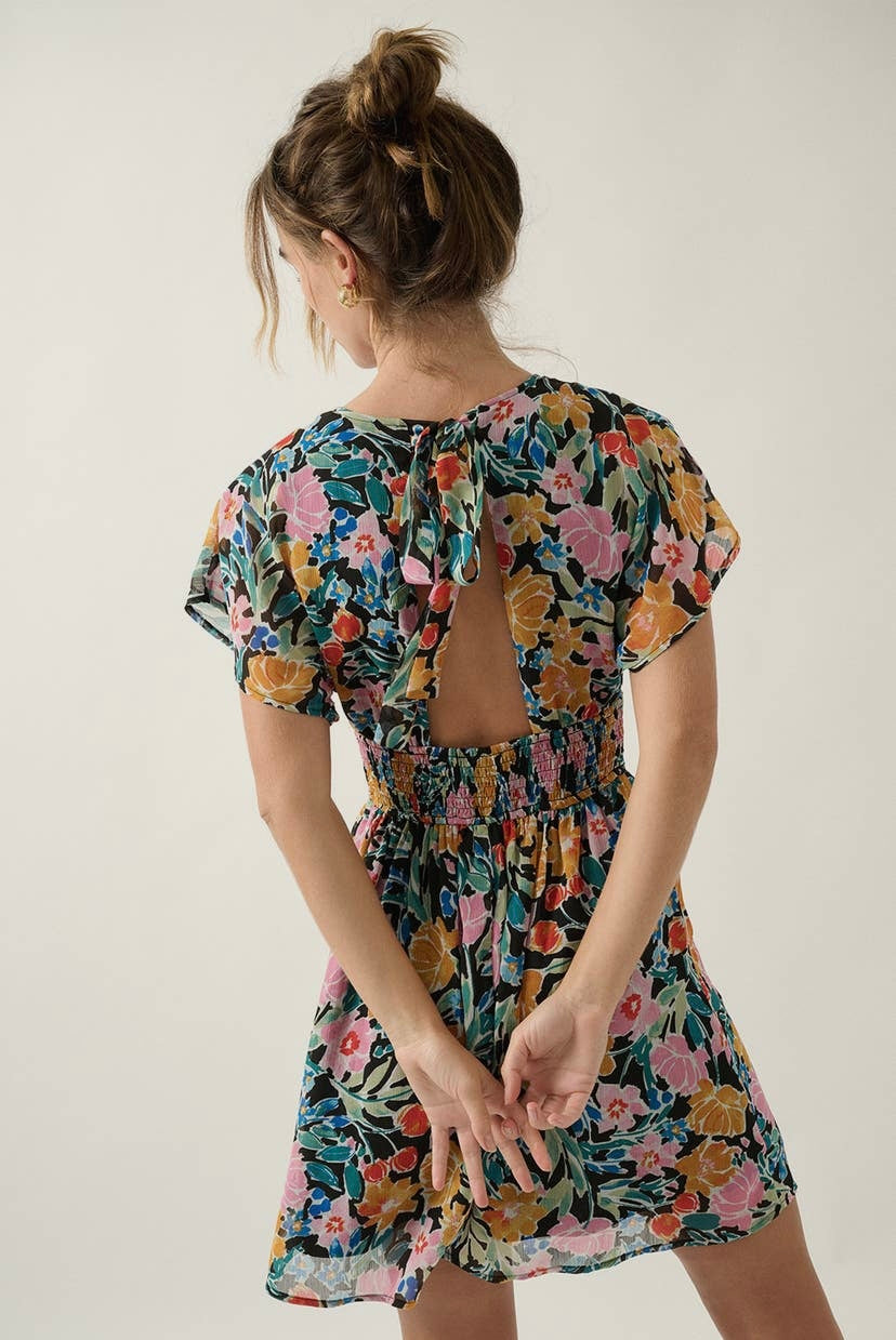 Floral Chiffon Open Back Mini Dress