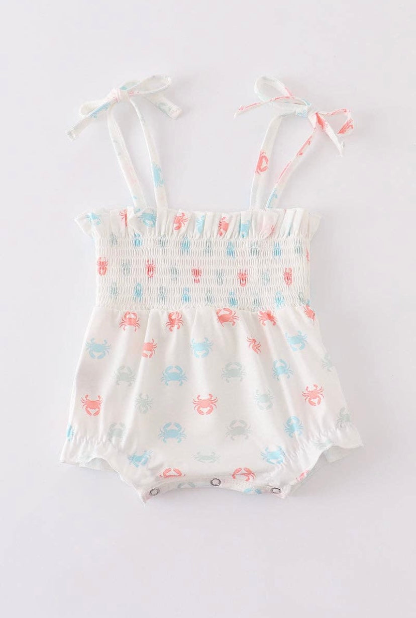 Crab Print Smocked Girls Bubble Romper