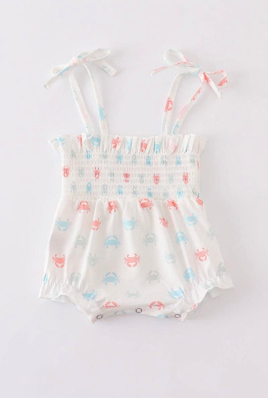 Crab Print Smocked Girls Bubble Romper