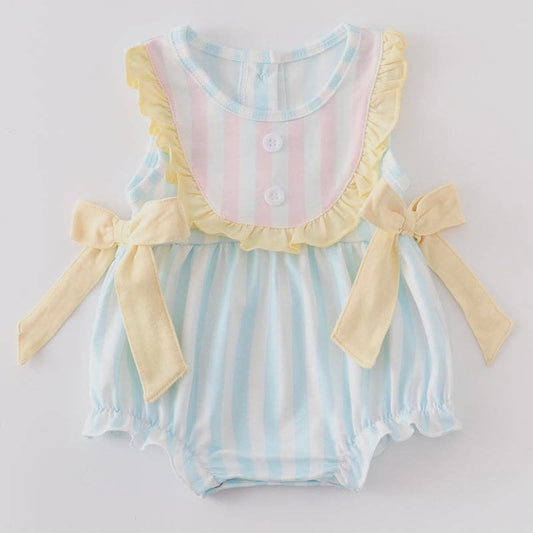 Blue Striped Ruffle Girl Bubble Romper