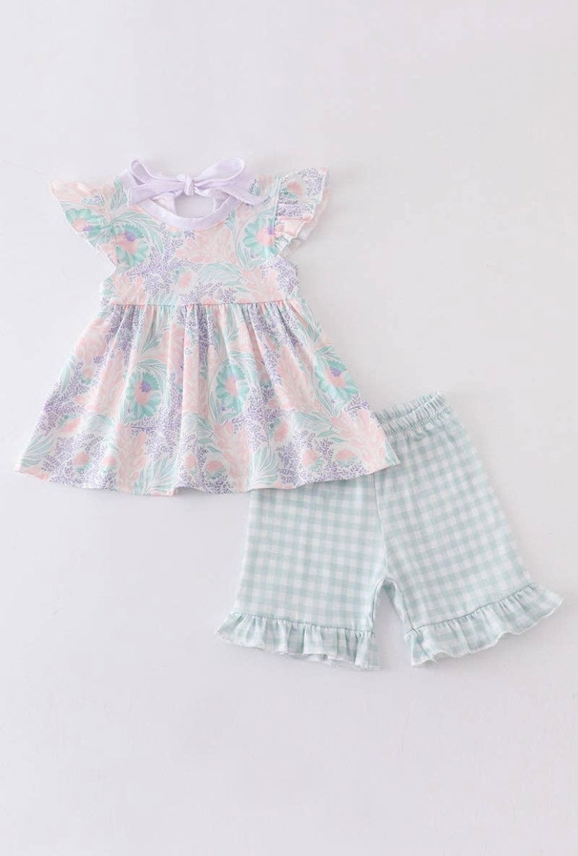 Floral Print Ruffle Plaid Girl Set