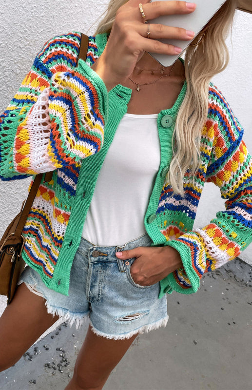 New Striped Loose Rainbow Knitted Cardigan