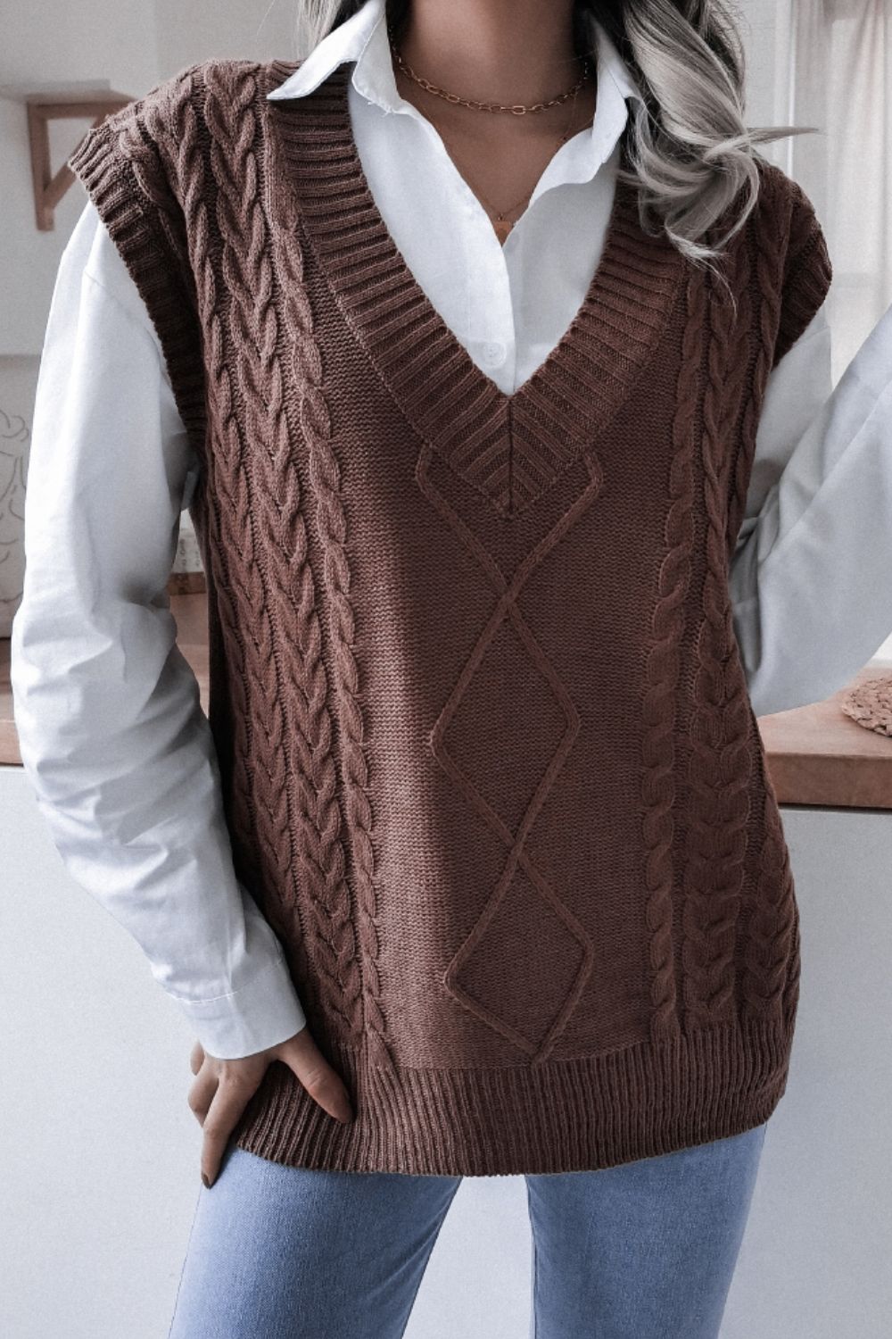 Cable-Knit Ribbed V-Neck Sweater Vest