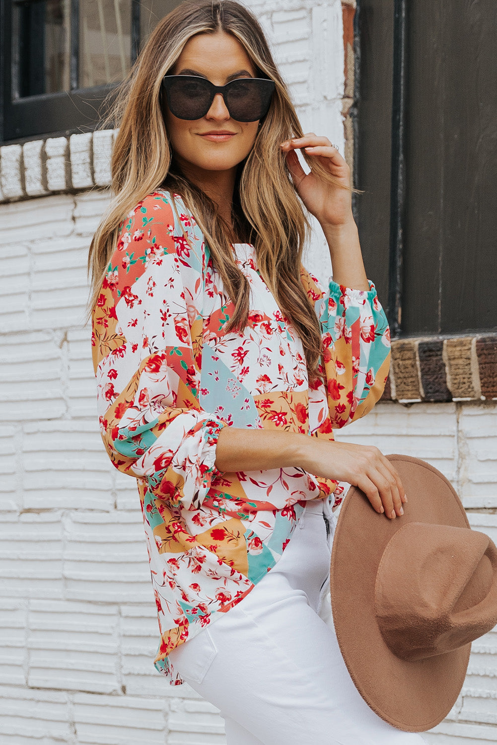 Floral Square Neck Three-Quarter Sleeve Blouse