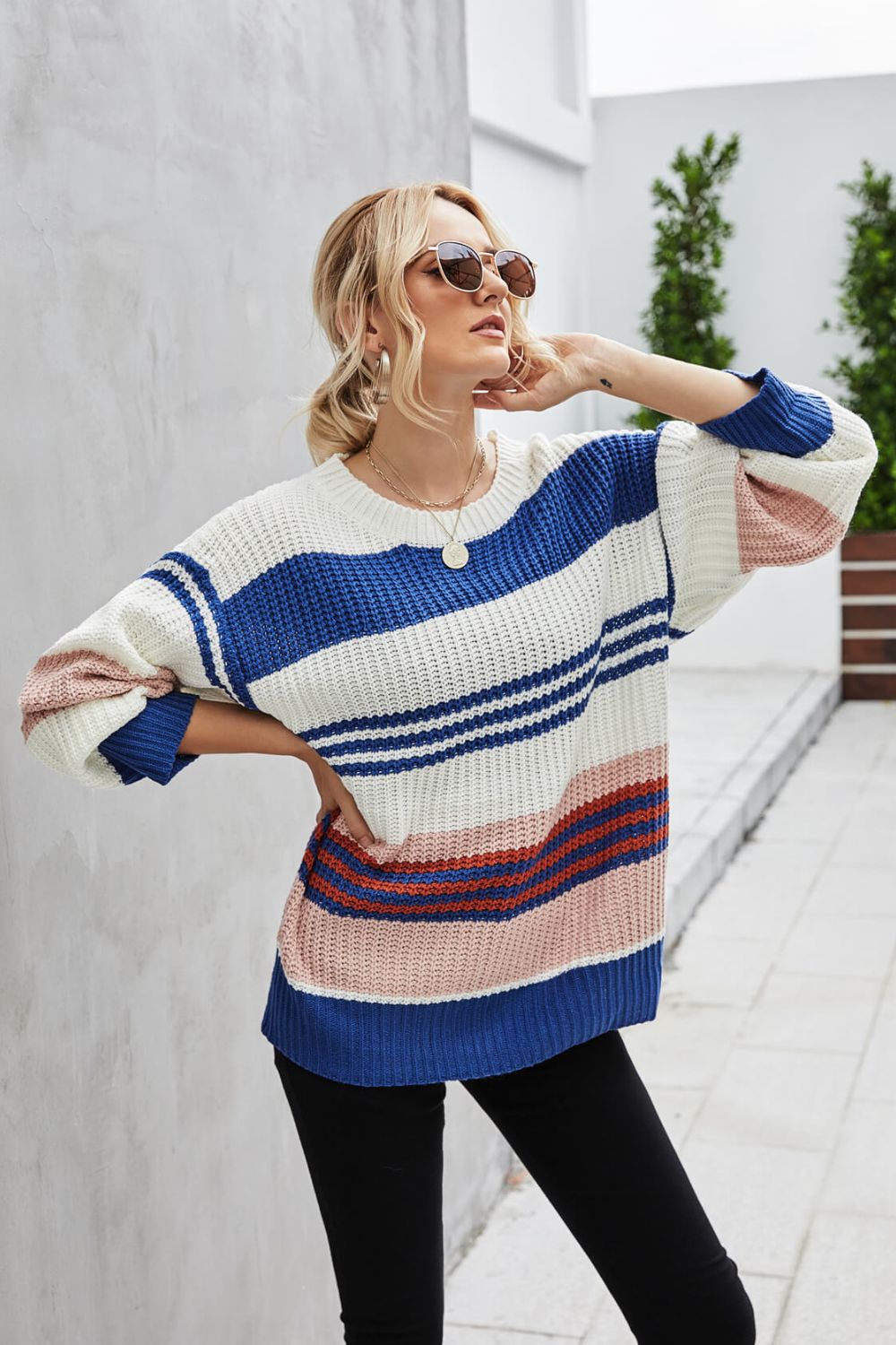 Striped Round Neck Dropped Shoulder Knit Pullover