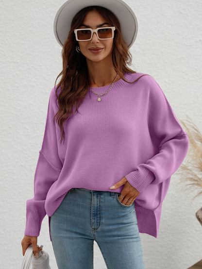 Exposed Seam Dropped Shoulder Slit Sweater