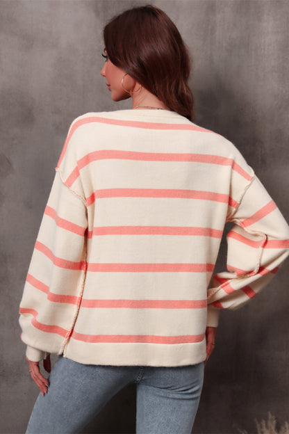 Striped Exposed Seam Balloon Sleeve Sweater