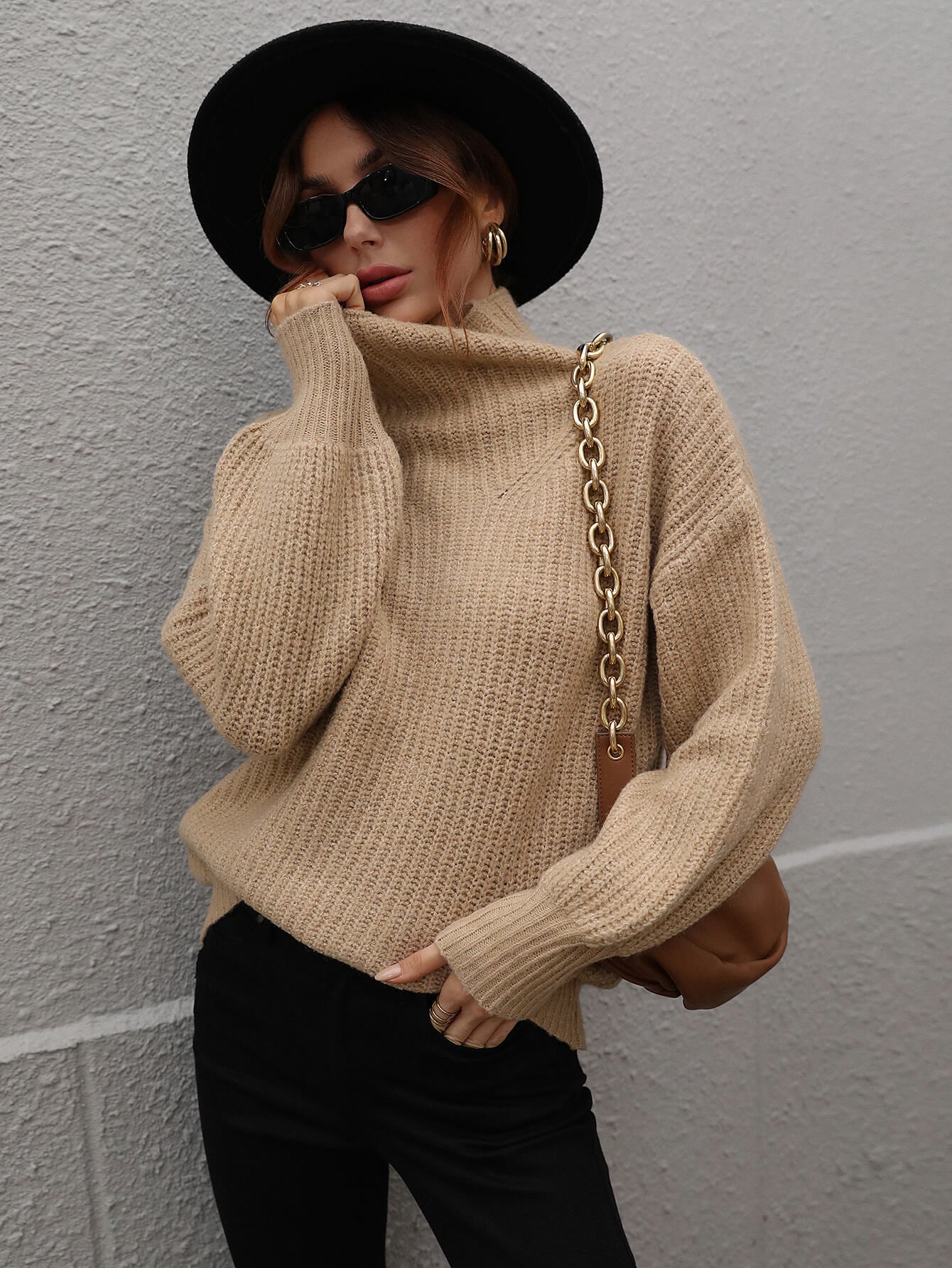 High Neck Balloon Sleeve Rib-Knit Pullover Sweater