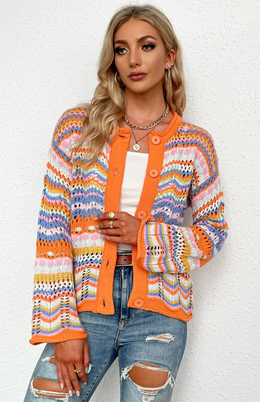 New Striped Loose Rainbow Knitted Cardigan