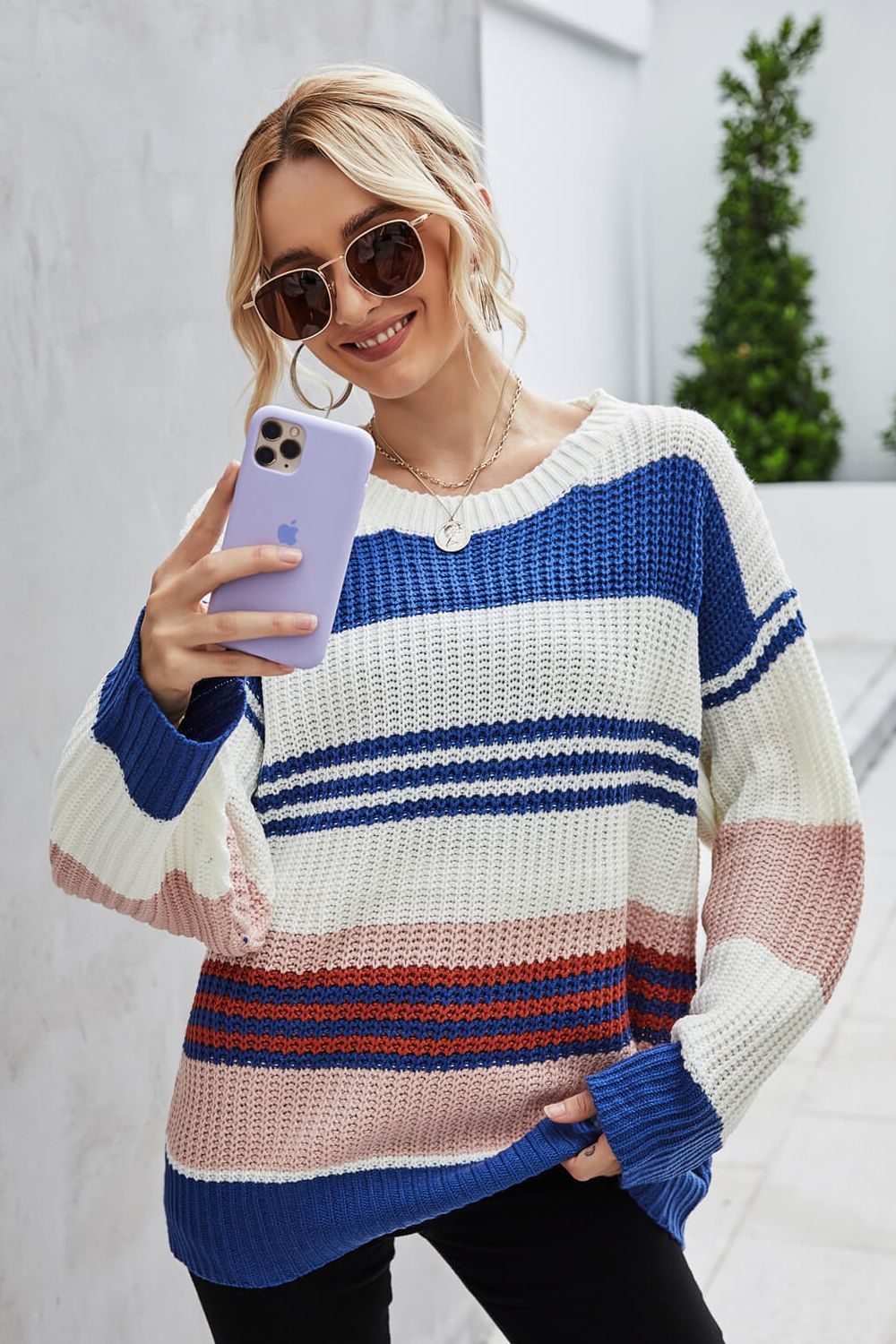 Striped Round Neck Dropped Shoulder Knit Pullover