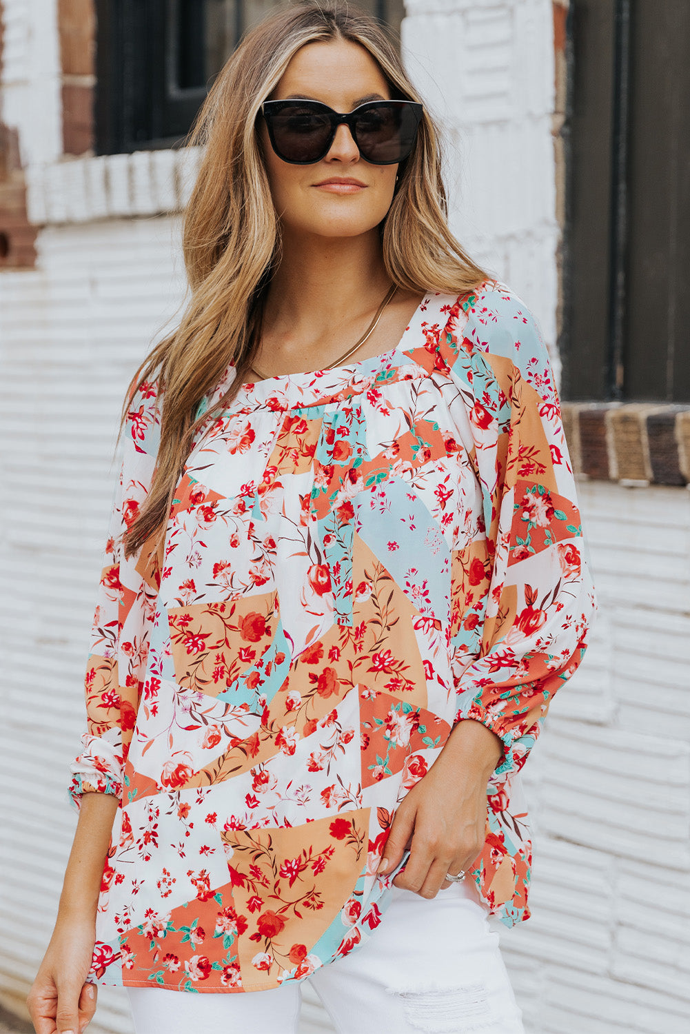 Floral Square Neck Three-Quarter Sleeve Blouse