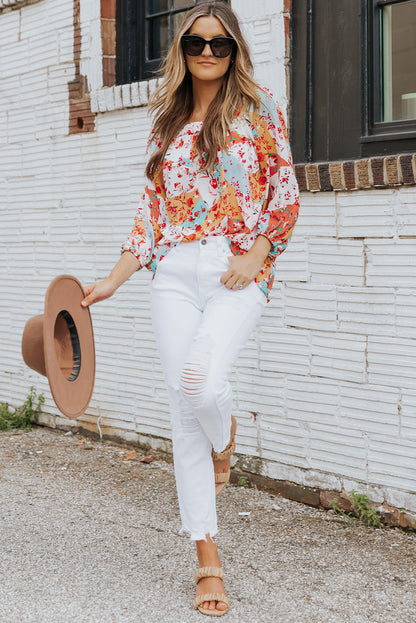 Floral Square Neck Three-Quarter Sleeve Blouse