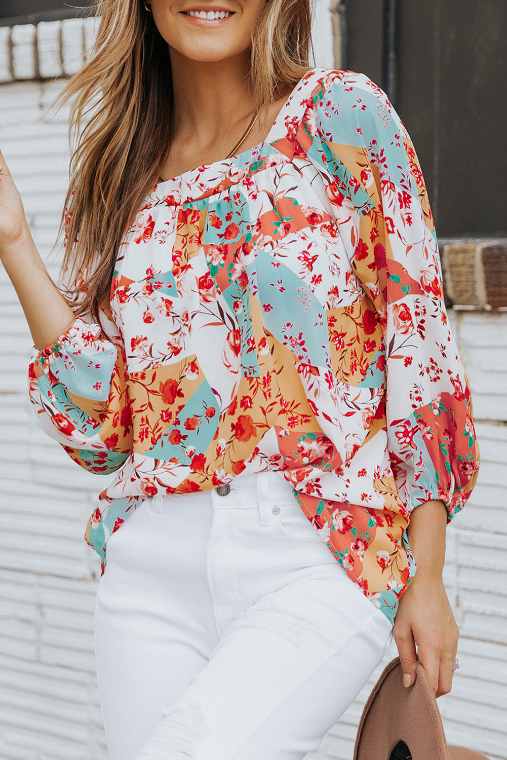 Floral Square Neck Three-Quarter Sleeve Blouse