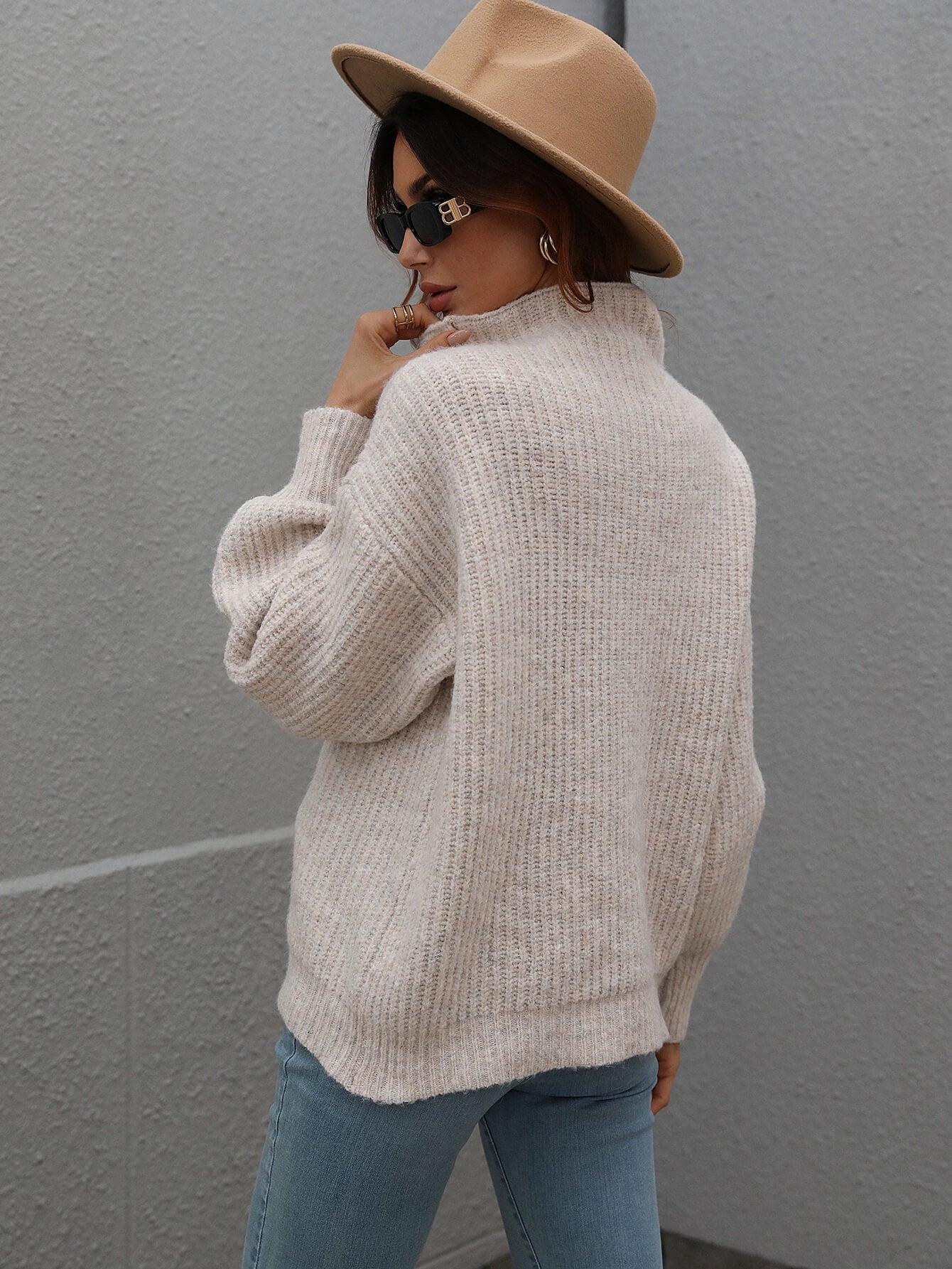 High Neck Balloon Sleeve Rib-Knit Pullover Sweater